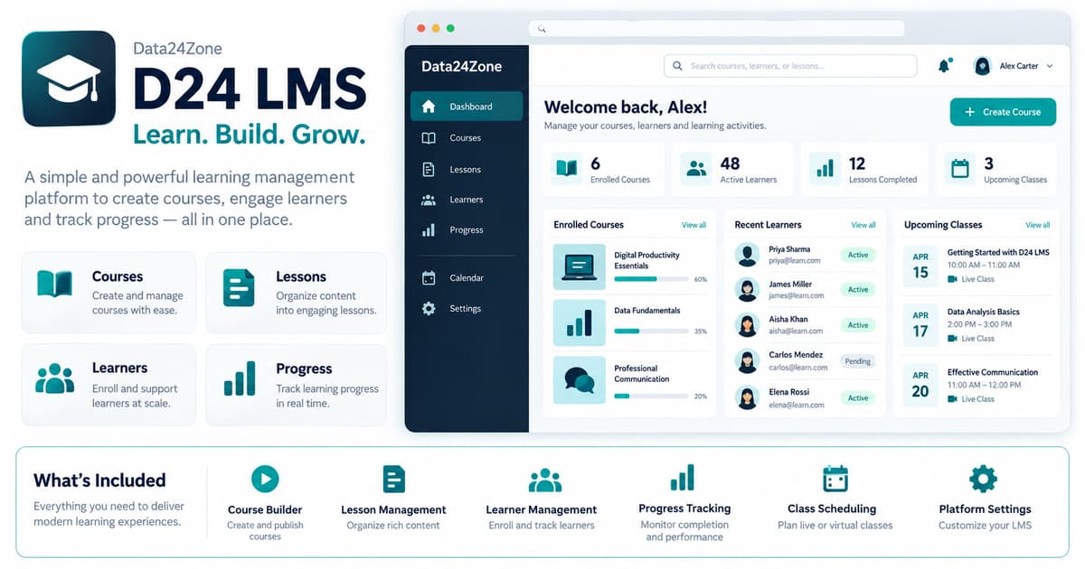 D24 LMS dashboard showing enrolled courses, learners, and upcoming classes